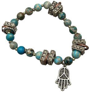 costume jewelry bracelet hamsa hand turquois color charm marble stretch READ